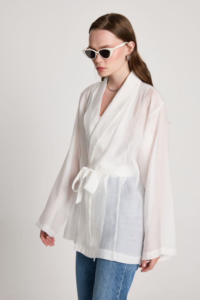 First Angels Alb Kimono Cu Decolteu Șal Și Închidere Cu Cravată Îmbrăcăminte cu ridicata Lejer