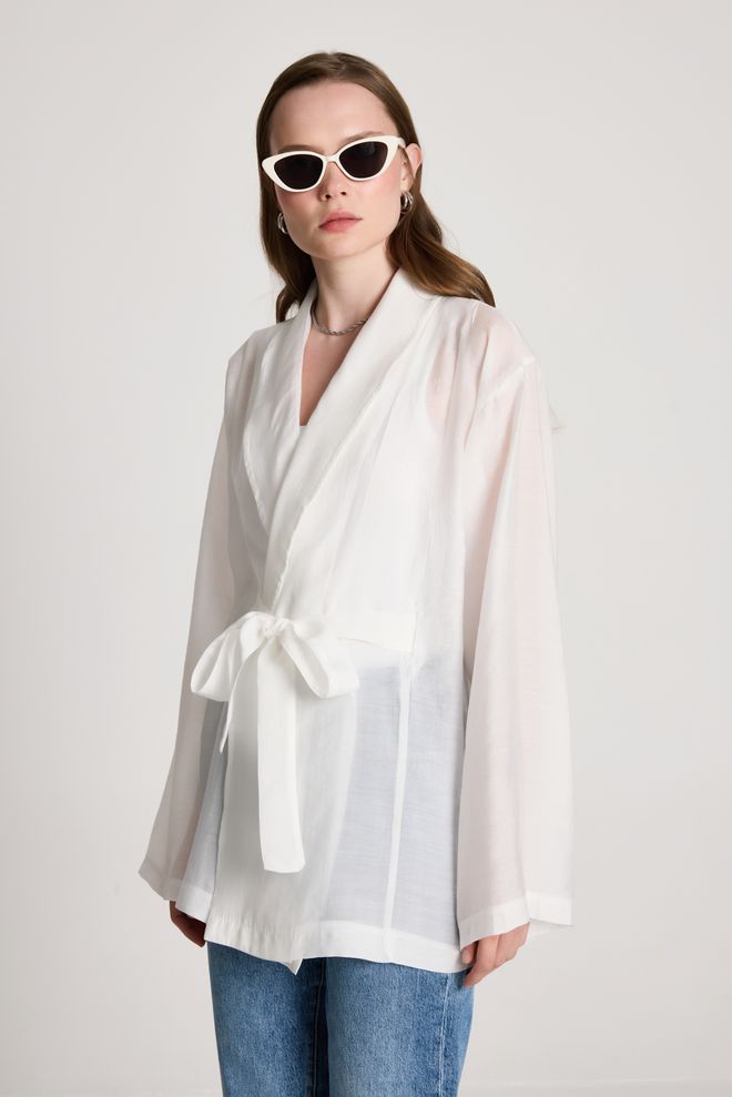 First Angels Alb Kimono Cu Decolteu Șal Și Închidere Cu Cravată Îmbrăcăminte cu ridicata Vară