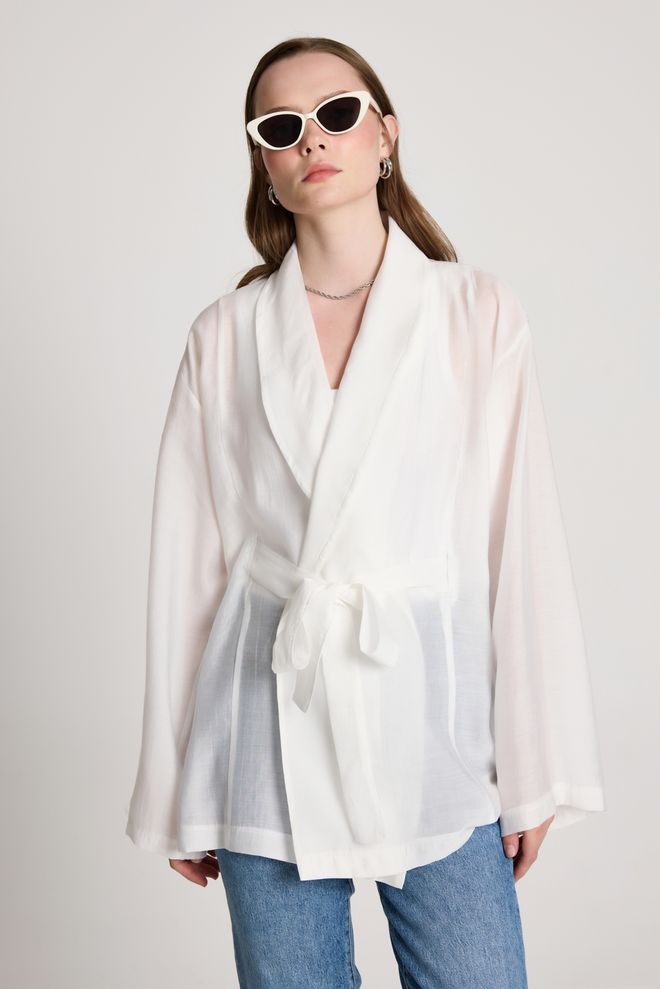 First Angels Alb Kimono Cu Decolteu Șal Și Închidere Cu Cravată Îmbrăcăminte cu ridicata Casual