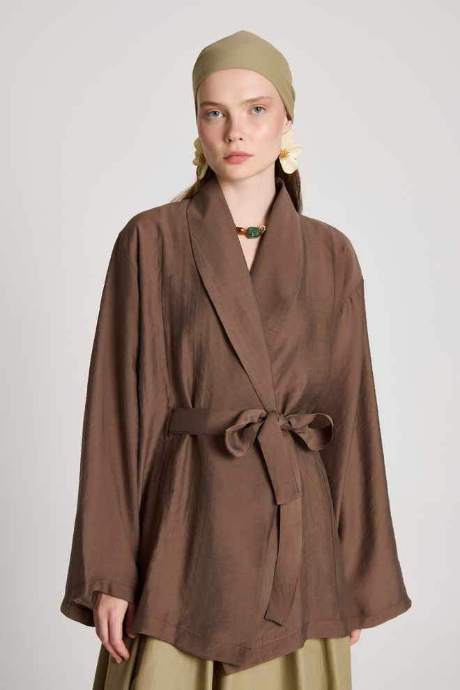 First Angels Hnedé Kimono S Šálovým Golierom A Viazaním Veľkoobchod s oblečením Skromný