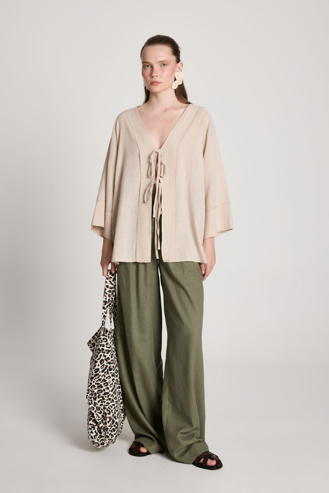 First Angels Beige Kimono With Oversized Fit And V Neck Wholesale Clothing Modest
