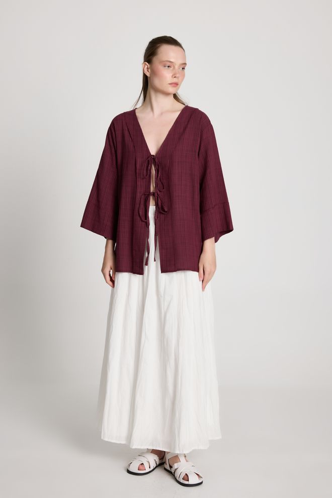 First Angels Claret Red Kimono Oversized Fit With Tie Closure Wholesale Clothing Modest