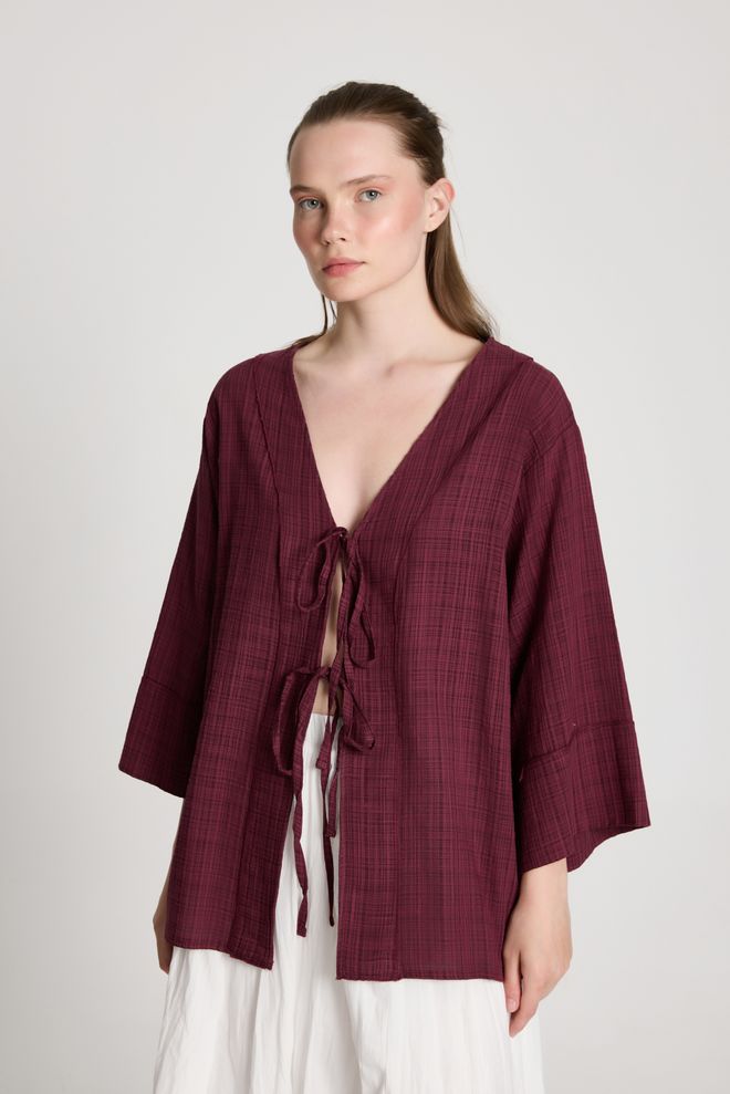 First Angels Кимоно Бордо С Уголемена Кройка И Връзка Дрехи на едро Свободно време