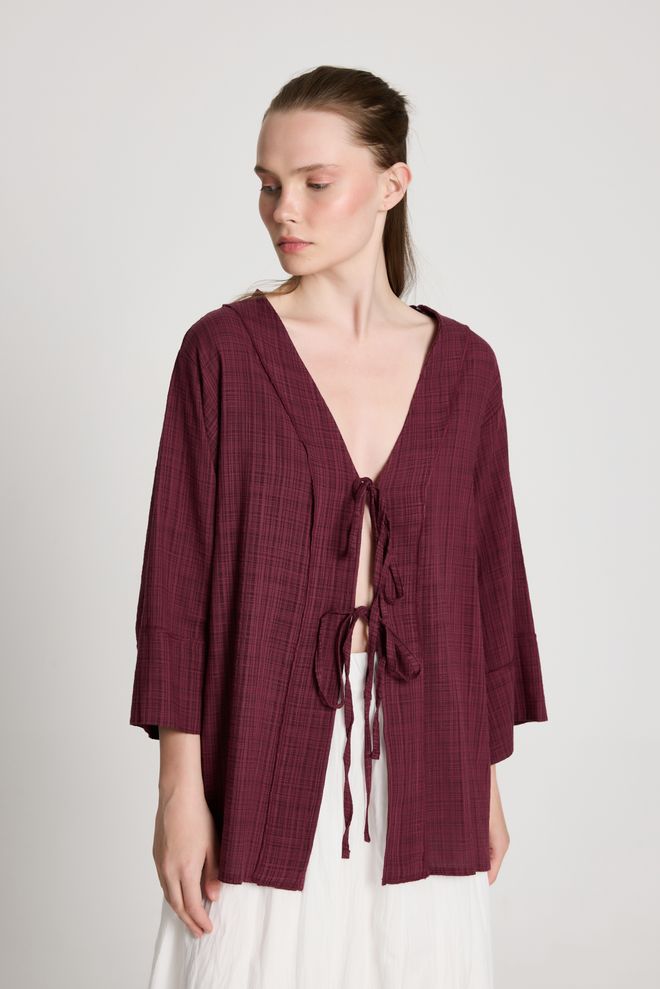 First Angels Кимоно Бордо С Уголемена Кройка И Връзка Дрехи на едро Лято