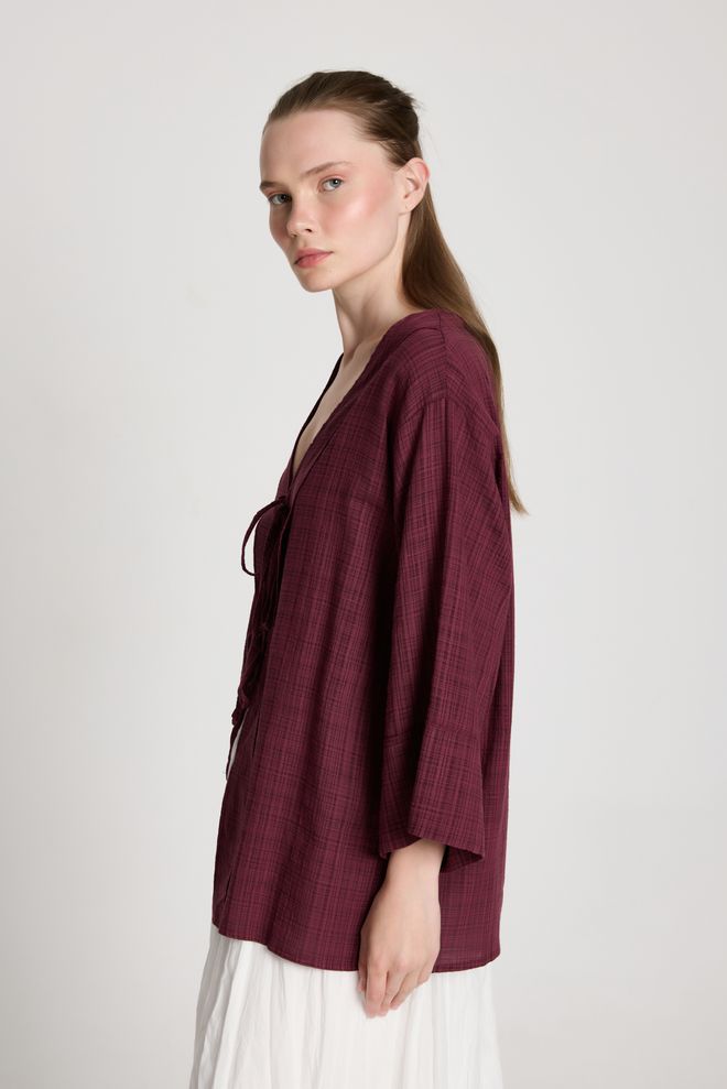 First Angels Кимоно Бордо С Уголемена Кройка И Връзка Дрехи на едро Небрежен