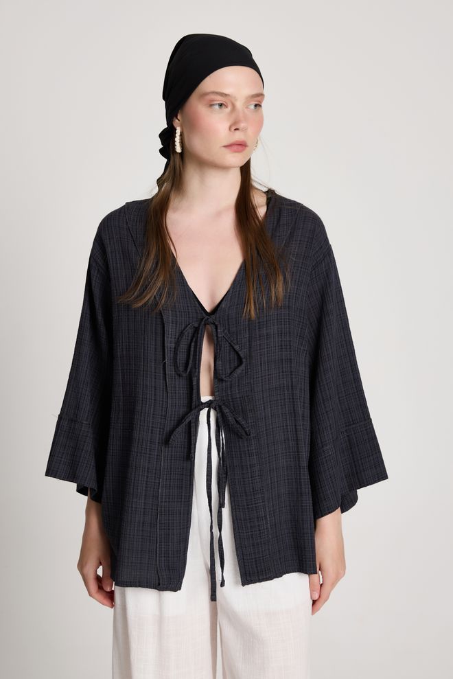 First Angels Kimono Boho Décontracté À Carreaux Noir Vêtements en gros Modeste