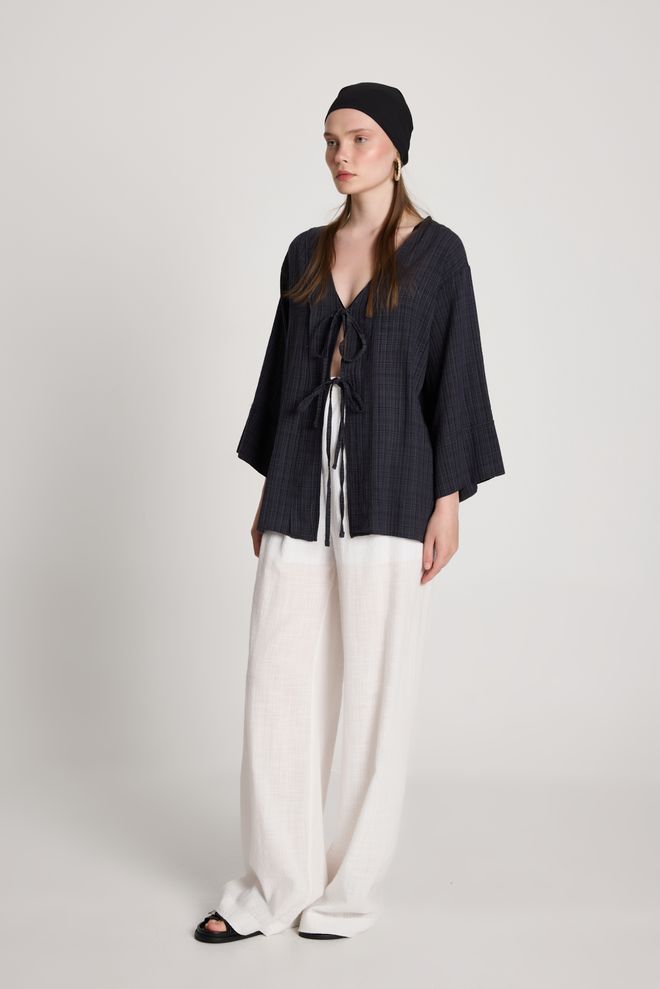 First Angels Black Checkered Casual Boho Kimono Wholesale Clothing Beach