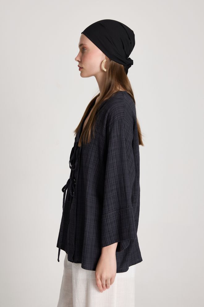 First Angels Black Checkered Casual Boho Kimono Wholesale Clothing Casual