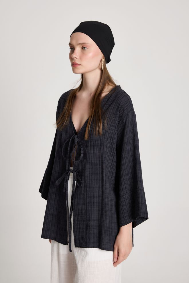 First Angels Black Checkered Casual Boho Kimono Wholesale Clothing 5