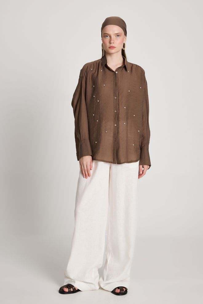 First Angels Brown Casual Elegant Oversized Polo Neck Shirt Wholesale Clothing 1