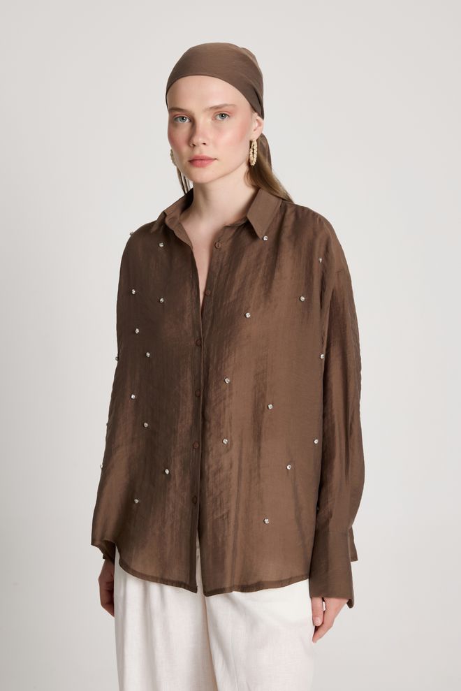 First Angels Brown Casual Elegant Oversized Polo Neck Shirt Wholesale Clothing Summer