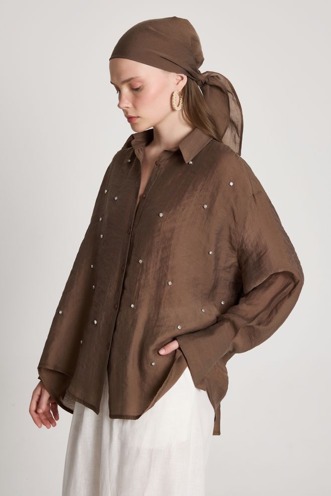 First Angels Brown Casual Elegant Oversized Polo Neck Shirt Wholesale Clothing Casual