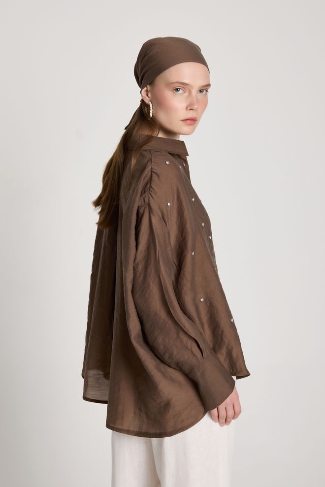 First Angels Brown Casual Elegant Oversized Polo Neck Shirt Wholesale Clothing 5