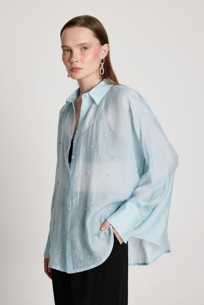 First Angels Blue Elegant Sequined Halter Neck Shirt Wholesale Clothing Casual