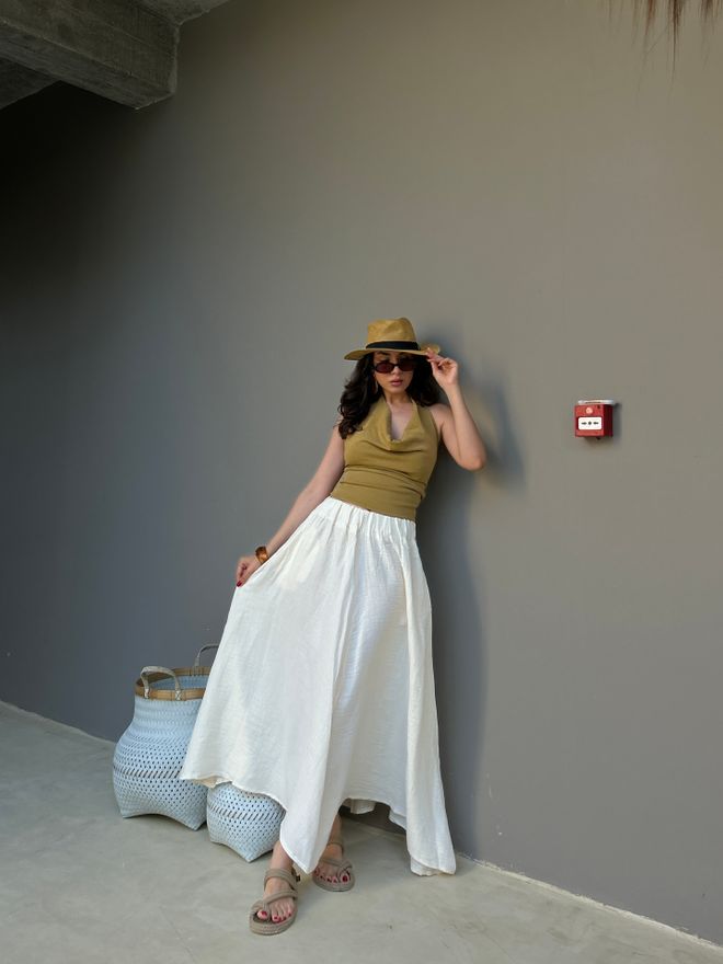 First Angels Bianco Gonna Boho Asimmetrica Maxi Vita Alta Abbigliamento all'ingrosso 1