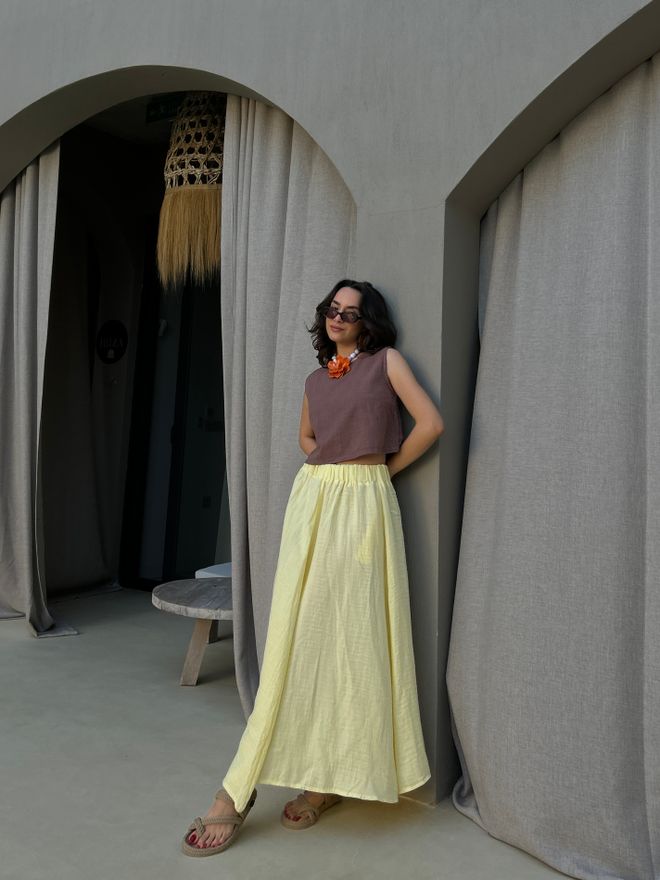 First Angels Rumena Boho Razširjena Maxi Krilo Visok Pas Oblačila na debelo 1