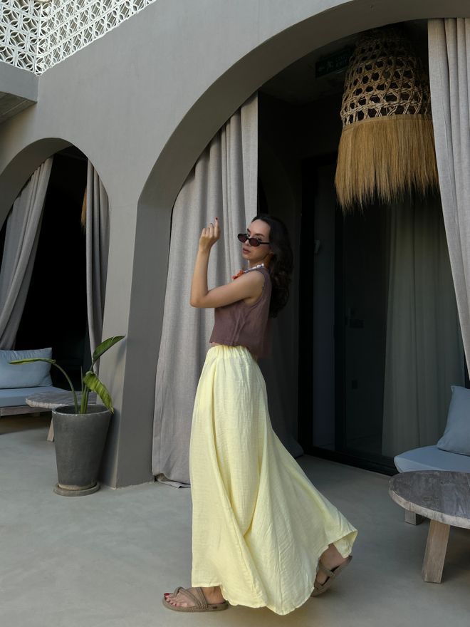 First Angels Rumena Boho Razširjena Maxi Krilo Visok Pas Oblačila na debelo Poletje