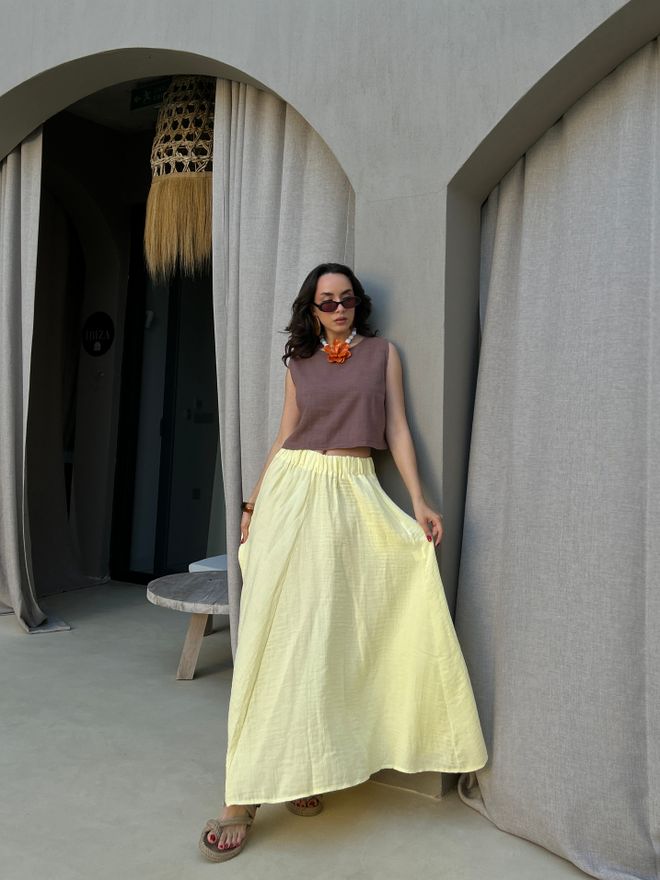 First Angels Rumena Boho Razširjena Maxi Krilo Visok Pas Oblačila na debelo Ležerno