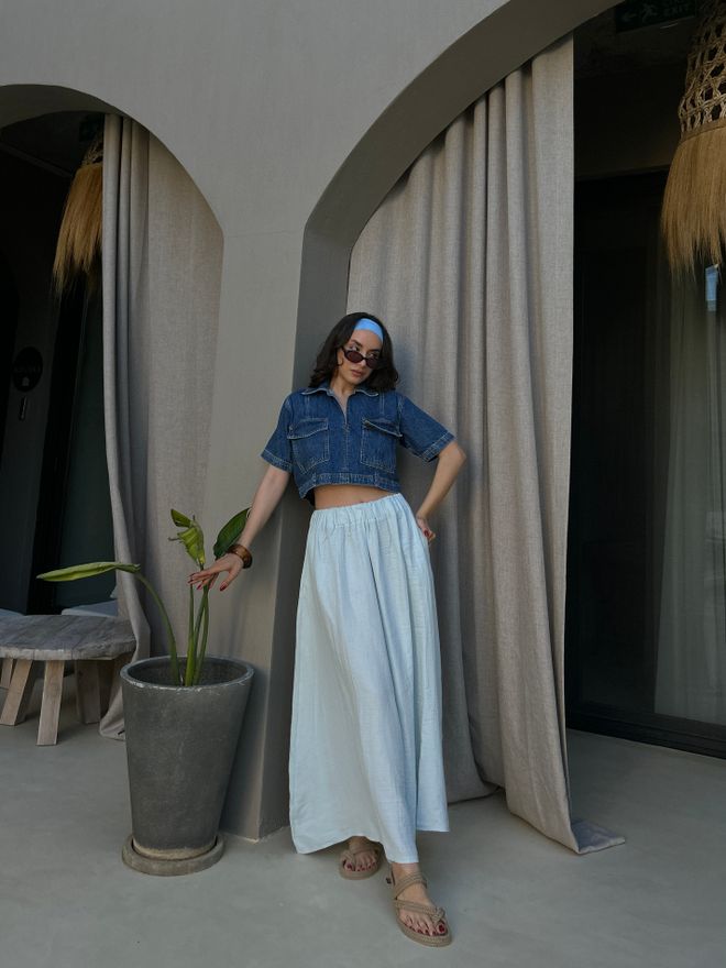 First Angels Modrá Ležérna Boho Maxi Sukňa So Smockingom Veľkoobchod s oblečením Neformálny