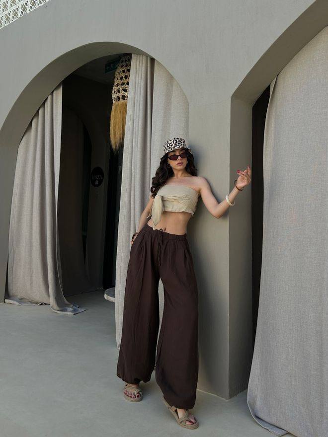 First Angels Pantalón Paracaídas Casual Boho Marrón Largo Con Pierna Globo Y Cintura Media Ropa al por mayor Casual