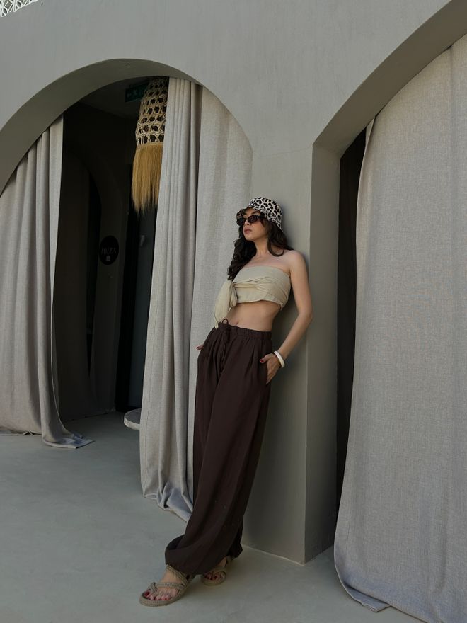 First Angels Pantalón Paracaídas Casual Boho Marrón Largo Con Pierna Globo Y Cintura Media Ropa al por mayor Playa