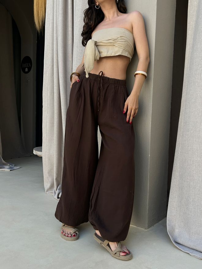 First Angels Pantalón Paracaídas Casual Boho Marrón Largo Con Pierna Globo Y Cintura Media Ropa al por mayor Boho