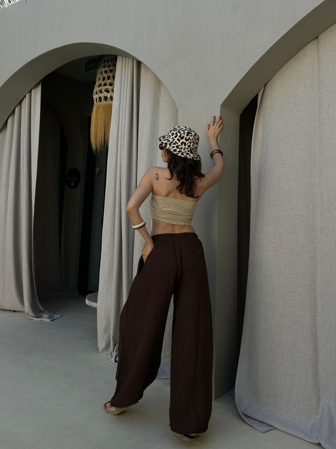 First Angels Pantalón Paracaídas Casual Boho Marrón Largo Con Pierna Globo Y Cintura Media Ropa al por mayor 5