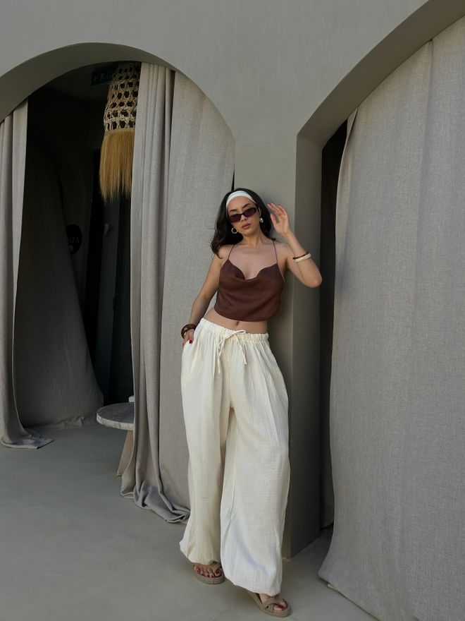 First Angels Pantaloni Parachute Beige Vita Alta Stile Boho Abbigliamento all'ingrosso Casuale