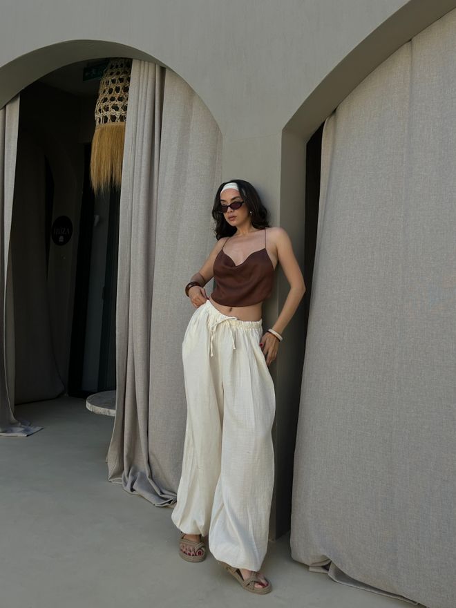 First Angels Pantalón Paracaídas Beige De Talle Alto Estilo Boho Ropa al por mayor 1