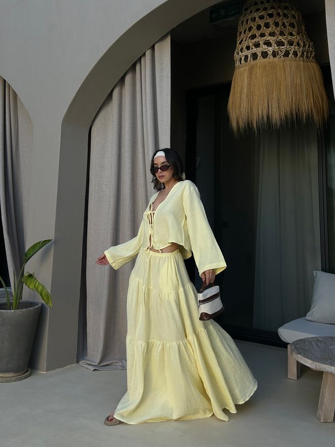 First Angels Κίτρινη Boho Πολυεπίπεδη Μάξι Φούστα Με Μέση Μέτρια Και Κορδόνι Χονδρικό εμπόριο ενδυμάτων 1