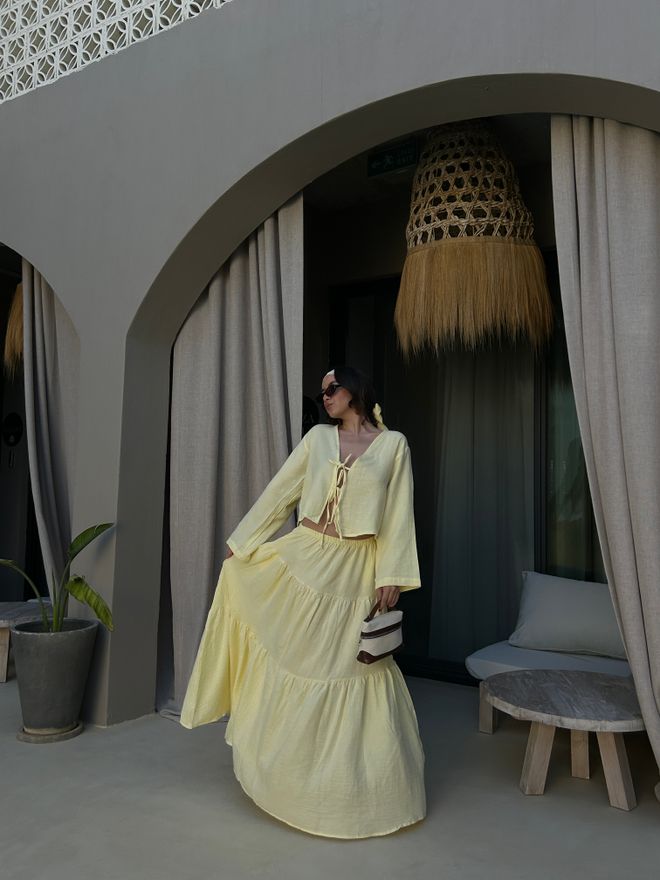 First Angels Κίτρινη Boho Πολυεπίπεδη Μάξι Φούστα Με Μέση Μέτρια Και Κορδόνι Χονδρικό εμπόριο ενδυμάτων Παραλία