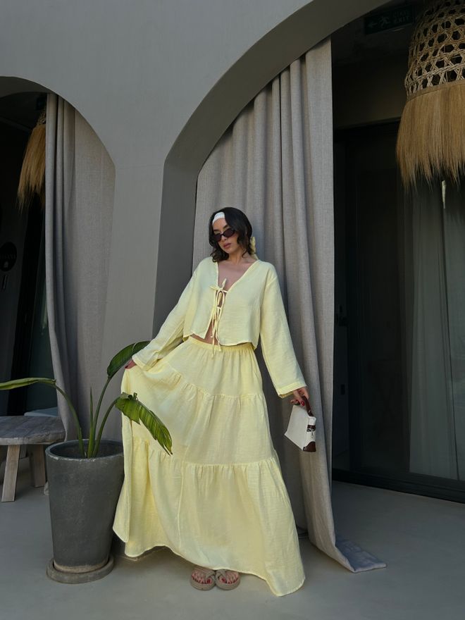 First Angels Κίτρινη Boho Πολυεπίπεδη Μάξι Φούστα Με Μέση Μέτρια Και Κορδόνι Χονδρικό εμπόριο ενδυμάτων Καλοκαίρι