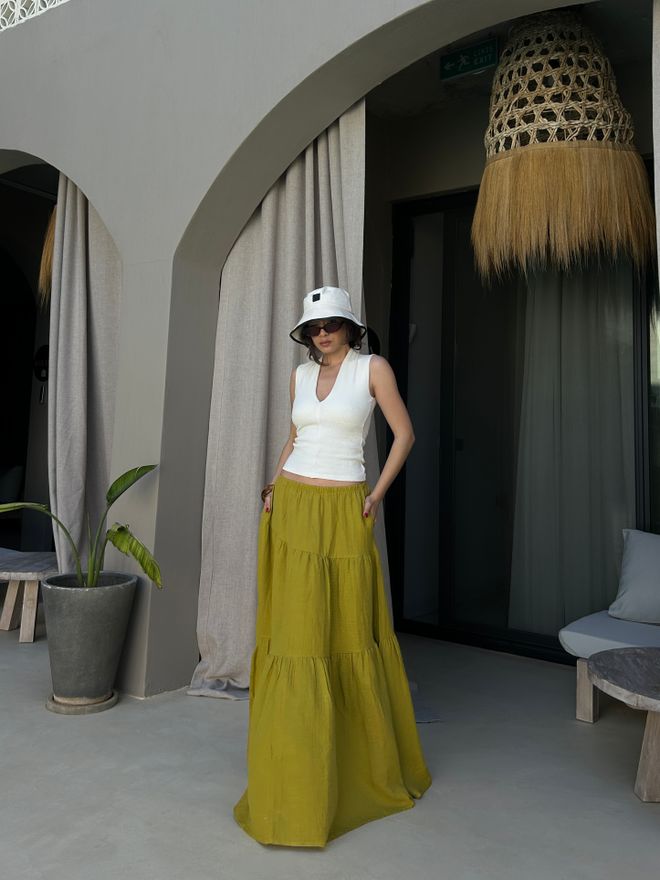 First Angels Green Boho Layered Maxi Skirt With Slant Pockets Wholesale Clothing 1