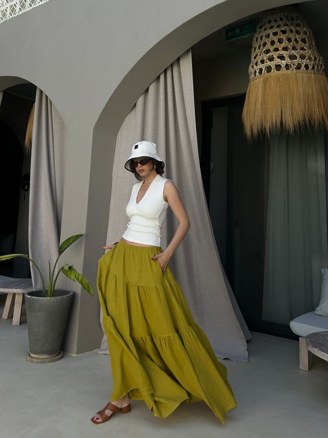 First Angels Green Boho Layered Maxi Skirt With Slant Pockets Wholesale Clothing Lounge