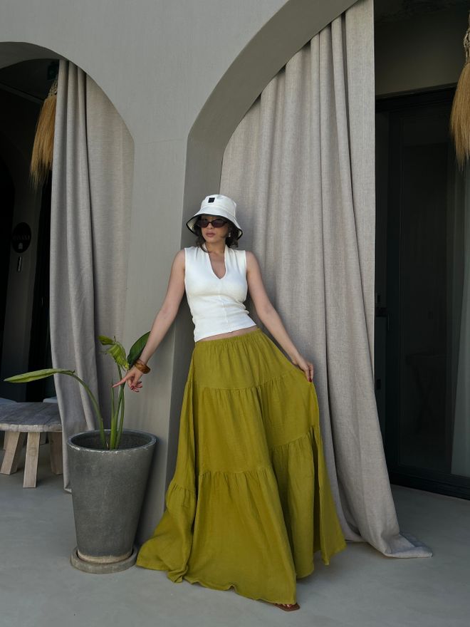 First Angels Green Boho Layered Maxi Skirt With Slant Pockets Wholesale Clothing Summer