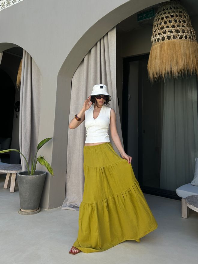 First Angels Green Boho Layered Maxi Skirt With Slant Pockets Wholesale Clothing Boho