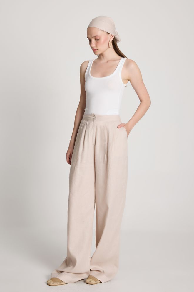 First Angels Beige Palazzo Pants With High Waist And Wide Leg Wholesale Clothing Casual