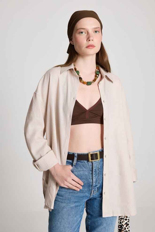 First Angels Camisa Casual Bege Oversize Com Gola Polo Roupas por atacado Modesto