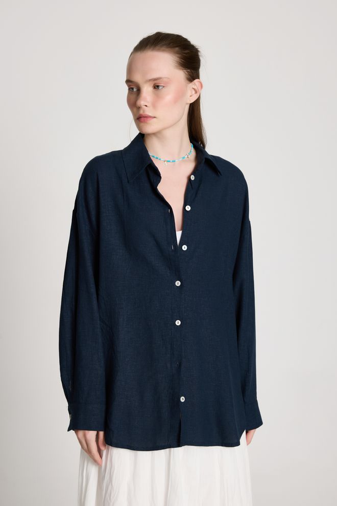 First Angels Camicia Blu Navy Casual Con Collo Dentellato Abbigliamento all'ingrosso Casuale