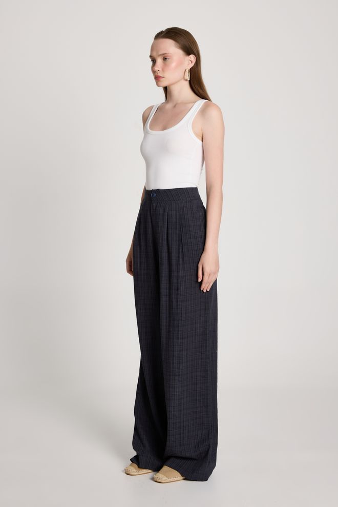 First Angels Navy Blue Palazzo Pants With Checkered Pattern Wholesale Clothing Casual
