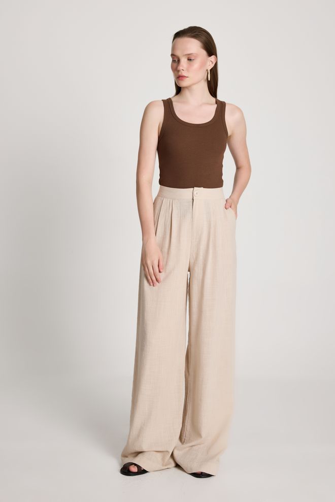 First Angels Beige Palazzo Pants High Waist Wide Leg Wholesale Clothing Casual