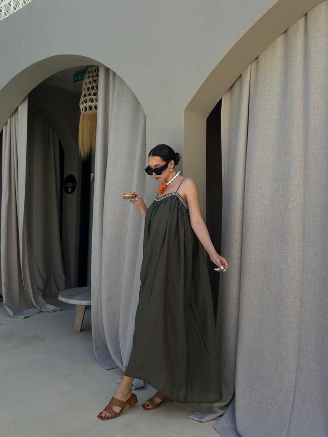 First Angels Vestito Khaki Senza Maniche Boho Maxi Sottoveste Abbigliamento all'ingrosso Casuale