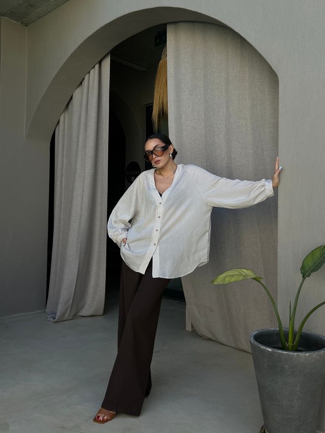 First Angels Beige Oversized Fit Striped Casual Shirt Wholesale Clothing Modest