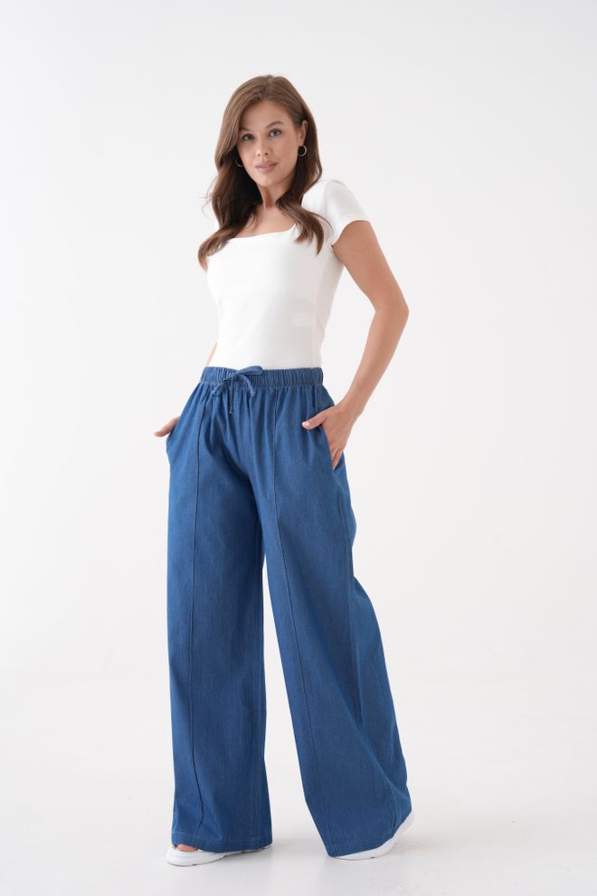 First Angels Pantaloni Palazzo Blu Con Gamba Larga E Coulisse Abbigliamento all'ingrosso Casuale