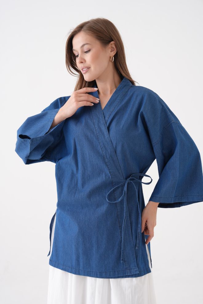 First Angels Blue Kimono With V Neck And 3/4 Straight Sleeves Wholesale Clothing Modest