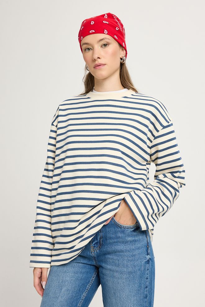 First Angels Sweat Gestreiftes Basic Sweatshirt Marineblau 30010 Großhandelskleidung 0