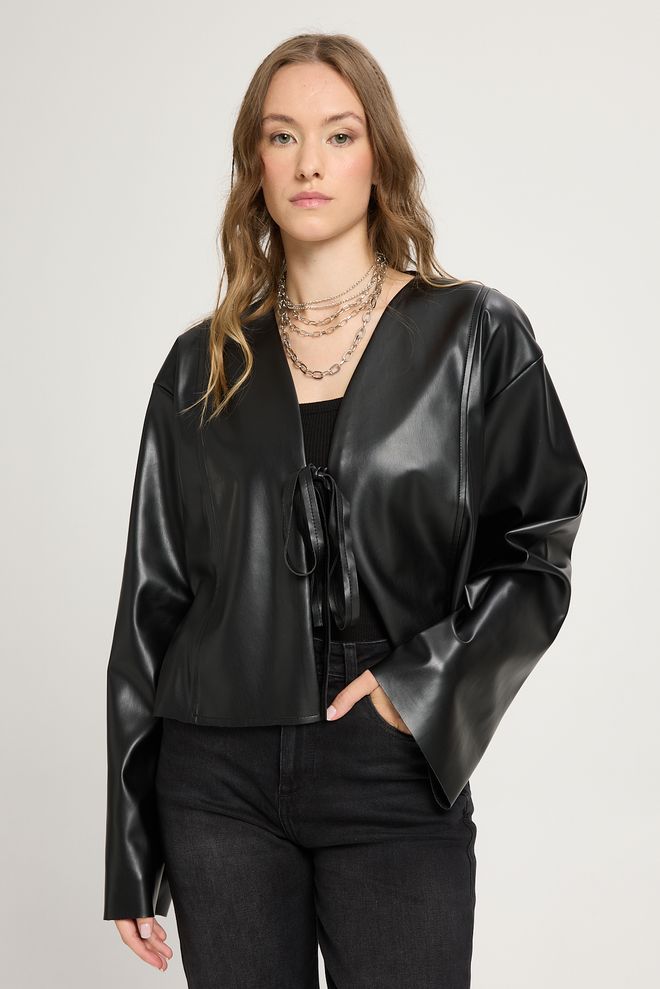 First Angels Veste Veste Courte À Nouer En Cuir Noire 30023 Vêtements en gros 0