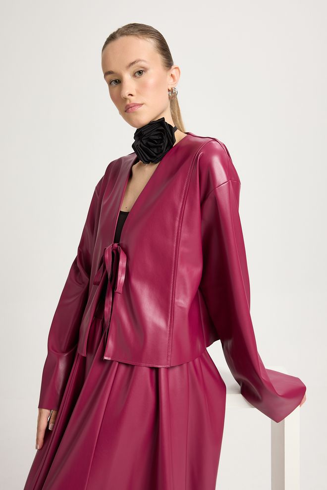 First Angels Veste Veste Courte À Nouer En Cuir Bordeaux 30023 Vêtements en gros 0