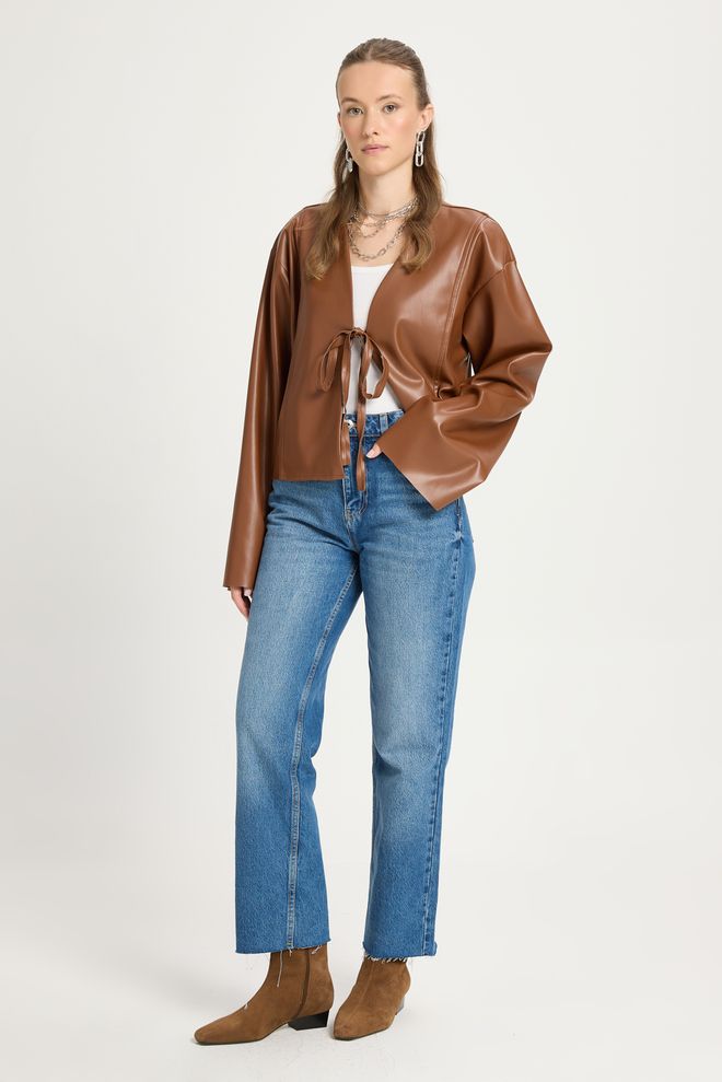 First Angels Veste Veste Courte À Cravate En Cuir Marron 30023 Vêtements en gros 0