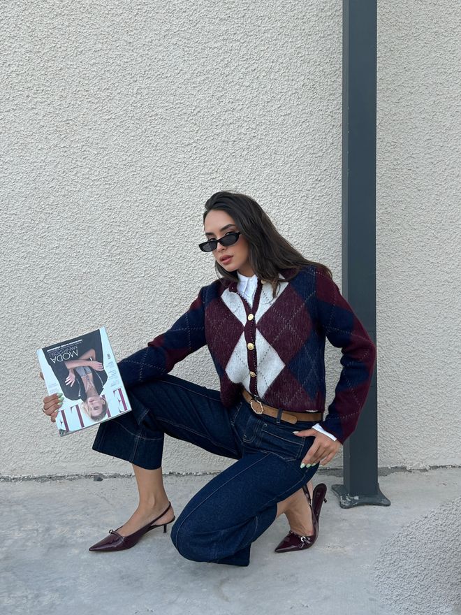 First Angels Claret Red Checkered Preppy Cardigan Wholesale Clothing Work